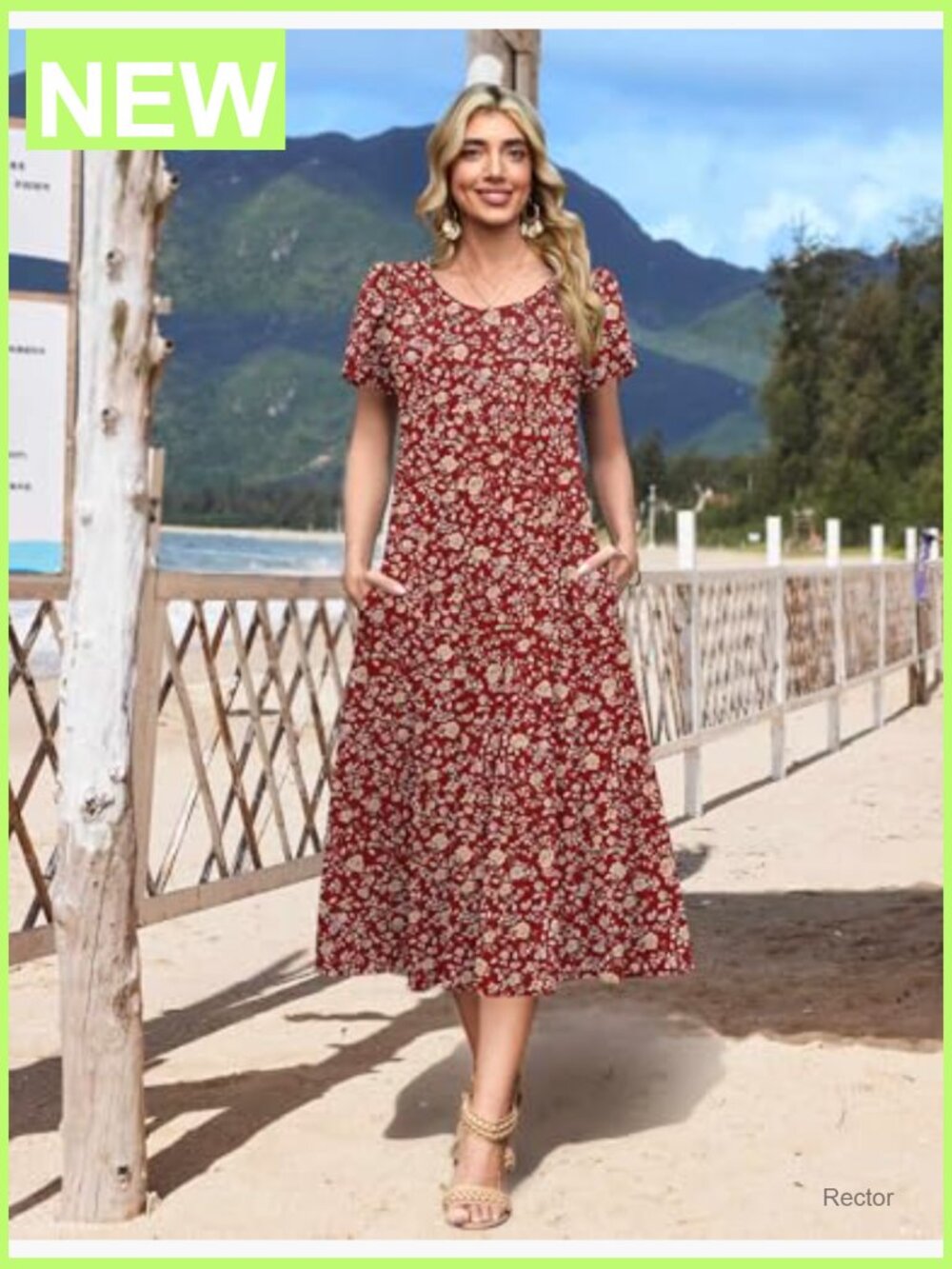 Casual Midi Dress Pleated Flare Sundress Short Sleeve A-Line Swing Dress - Picture 3 of 7